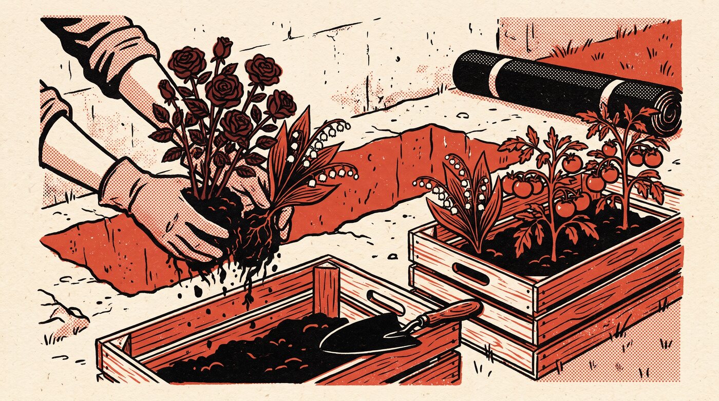 Des mains gantées sortent des rosiers, des muguets et des plants de tomates de la terre pour les mettre en caisses